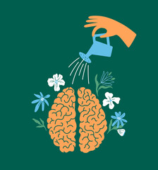 Mental health care, psychology therapy. Wellness mind, wellbeing, psychologist help, self care, growth. Human hand watering flowers in brain. Blooming garden in head. Abstract vector illustration - obrazy, fototapety, plakaty