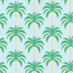 Fototapeta na wymiar Palm tree pattern repeat retro mid century illustrations inspired by Palm Springs summer. Turquoise blue vector illustration. Fun and cute summer surface design.