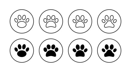 Paw icons set. paw print sign and symbol. dog or cat paw