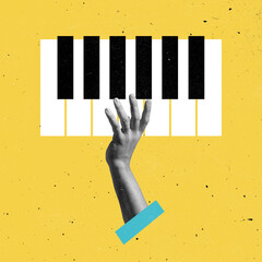 Contemporary art collage, modern design. Retro style. Composition with black and white piano keys, synthesizer isolated on light background