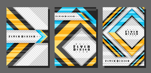 Vector Flyers Set, 3 colorful layouts with decorative rhomb shapes with copy space for text on grey striped background, collection of minimal design flyer templates for corporate business company