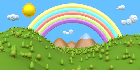 Cartoon summer green landscape with rainbow. Colorful modern minimalistic concept render. Stylized funny children clay, plastic or wood toy. Realistic fashion 3d illustration for background game.