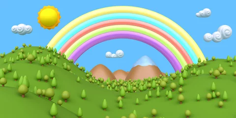 Tuinposter Cartoon summer green landscape with rainbow. Colorful modern minimalistic concept render. Stylized funny children clay, plastic or wood toy. Realistic fashion 3d illustration for background game. © cgterminal