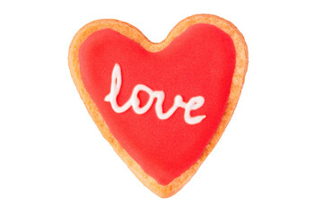 Obraz na płótnie Canvas Homemade heart shaped cookie with red icing and lettering LOVE isolated on white background