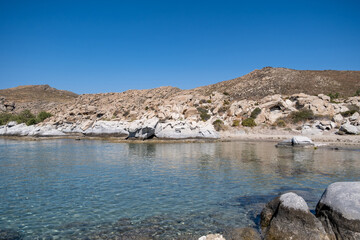 Granite rocks formations at Kolymbithres village sandy beach at Paros island Cyclades Greece.