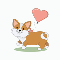 Cartoon Dog corgi with a ball. Cheerful puppy and a balloon in the shape of a heart. Vector illustration with animals. Isolated background.