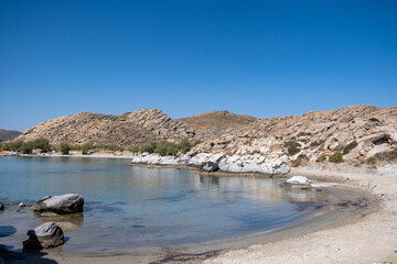 Kolymbithres sandy beach at Paros island Cyclades Greece, blue sky, calm sea, summer sunny day.