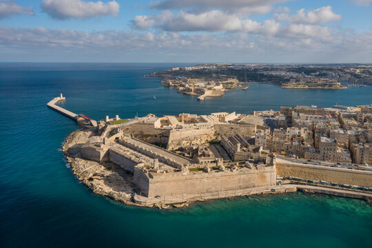 Malta, South Eastern Region, Valletta, Aerial view of coastal fortifications of Fort Saint Elmo
