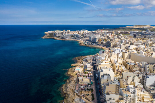 Malta, Northern Region, Saint Pauls Bay, Aerial view of coastal town