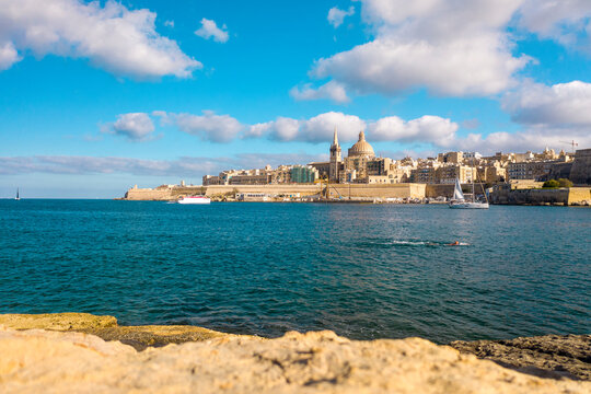 Malta, South Eastern Region, Valletta, Marsamxett Harbour and Saint Elmo Bay on sunny day