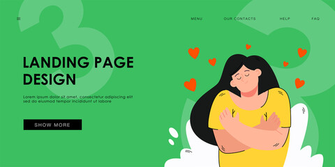 Cute peaceful woman hugging her shoulders flat vector illustration. Cartoon positive girl embracing herself with hearts flying around. Love yourself and self-confidence concept