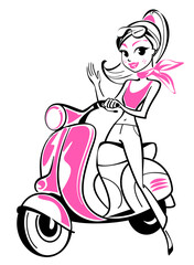 Fototapeta na wymiar Teenage girl on scooter, vector illustration on white background. Two color wall sticker vector image