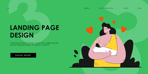 Happy loving mother breastfeeding her baby flat vector illustration. Cartoon newborn eating milk from breast and sleeping on mom arms. Maternity and motherhood concept