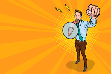 Business bearded man screaming announce with megaphone