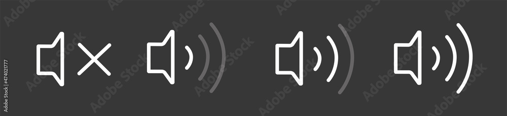 Poster An icon that increases and reduces the sound. Icon showing the mute. A set of sound icons with different signal levels in a flat style. Vector white icon.