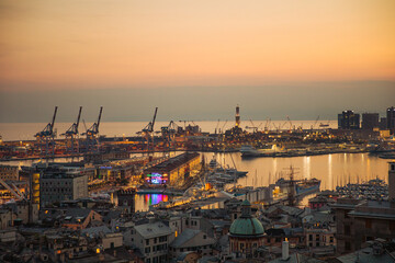 stunning panoramic aerial view of the port of Genoa In the evening