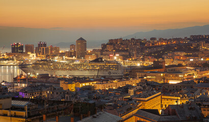 Obraz premium stunning panoramic aerial view of the port of Genoa In the evening