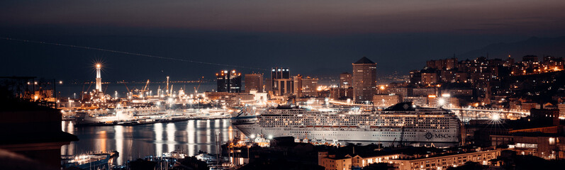stunning panoramic aerial view of the port of Genoa In the evening