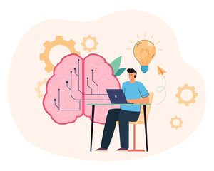 Office worker or programmer and huge brain in background. Man learning about digital technology on computer, cloud storage with data flat vector illustration. Education, AI concept for banner