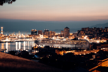 Fototapeta na wymiar stunning panoramic aerial view of the port of Genoa In the evening