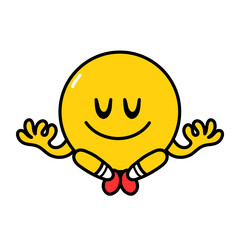 Cute funny emoji smile face meditate in yoga pose. Vector flat line doodle cartoon kawaii character illustration icon. Isolated on white background. Yellow emoji circle character concept