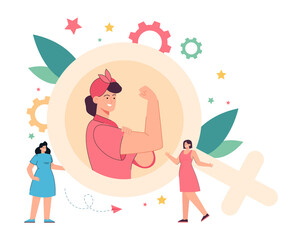 Woman showing fist and bicep as sign of female empowerment. Feminists and huge female symbol flat vector illustration. Feminism, girl power concept for banner, website design or landing web page