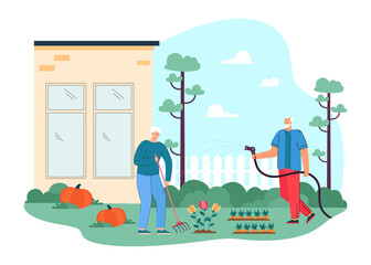 Obraz na płótnie Canvas Cartoon grandparents working in garden together. Elderly people planting and watering flowers flat vector illustration. Gardening, family, healthy lifestyle concept for banner or landing web page