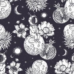 An astronaut is sitting on a small planet. Planets, sun and flowers. Seamless pattern.