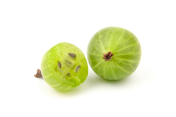 Gooseberry isolated on white background. Half of fresh green berry with seeds