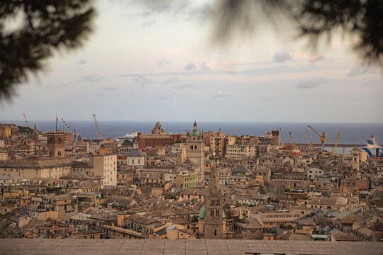  spectacular views of the historic city center of Genoa from Castelletto at sunset