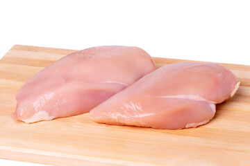 Raw chicken breast on a cutting board, white background