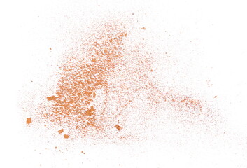 Red brick dust scattered, explosion isolated on white background, clipping path, top view