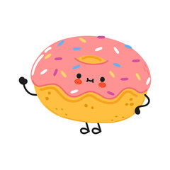 Cute funny Donut waving hand character. Vector hand drawn cartoon kawaii character illustration icon. Isolated on white background. Donut character concept
