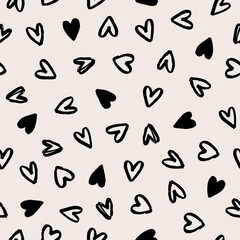 Hearts seamless vector pattern in hand drawn style. Romantic repeatable background for Valentines Day and holidays. Festive backdrop with brush heart. Love pattern. Beautiful fabric texture