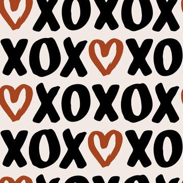 Hand drawn seamless vector pattern with xoxo lettering. Endless romantic background for Valentines Day, holidays and wedding design. Cute flat illustration. Love symbol. Boho female texture