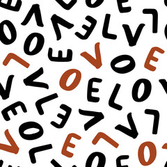 Hand drawn seamless vector pattern with love lettering. Lovely endless background for Valentines Day, wedding design and holidays. Grunge flat illustration for wrapping paper and textile