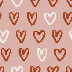 Grunge romantic seamless pattern with hand drawn hearts. Endless background for holidays, wedding and Valentines Day. Brush heart illustration. Endless repeating texture for fabric and wrapping paper