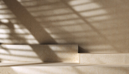 Shadows of trees window light on wall minimal abstract interior, product placement mockup, steps podium, 3d rendering