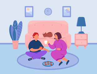 Couple eating cookies in hygge room interior of home apartment. Romantic talk between man and woman sitting on floor with coffee or tea cups flat vector illustration. Happy time together, love concept