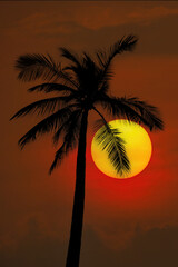 Fototapeta na wymiar red sun and palm trees