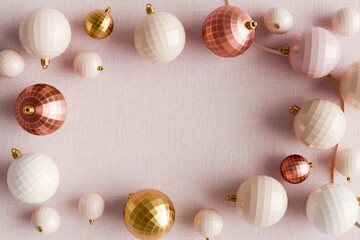 3D rendering of a blush rose Christmas background with baubles and copy space in the center