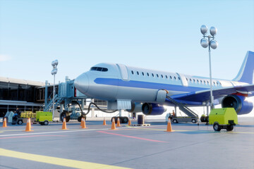 Three dimensional render of commercial airplane waiting at airport