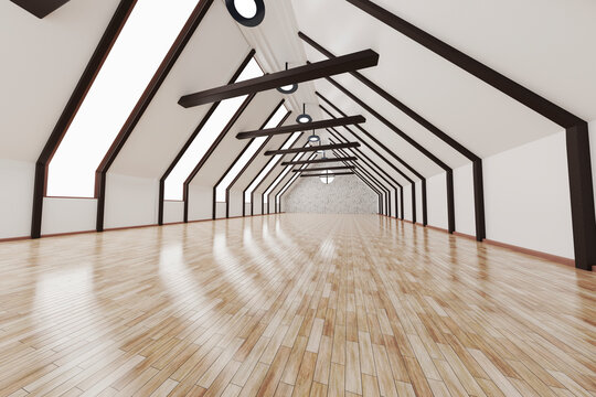 Three dimensional render of empty loft apartment with shiny wooden floor