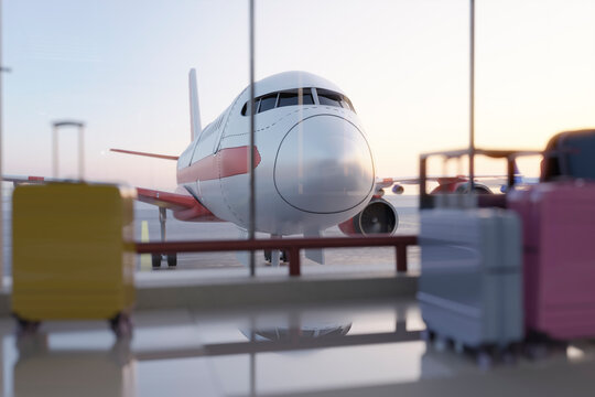 Three dimensional render of commercial airplane waiting at airport at dusk