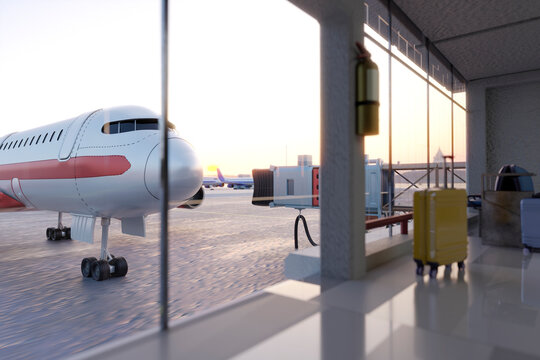 Three dimensional render of commercial airplane waiting at airport at dusk