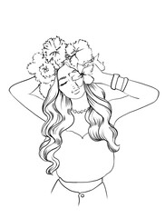 Beautiful girl with long curly blond hair. Flowers in your hair. A wreath on the head. Romance, tenderness and summer mood. Illustration