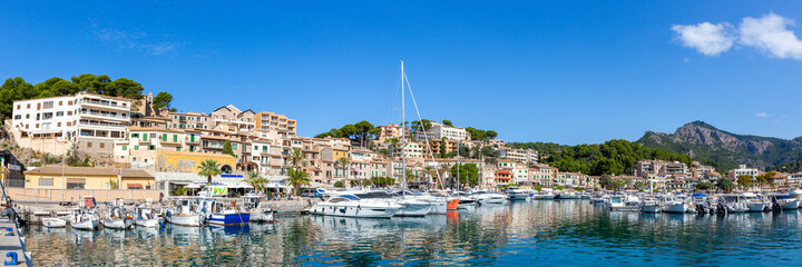 Fototapeta na wymiar Port de Soller town on Mallorca marina with boats travel traveling holidays vacation panorama in Spain