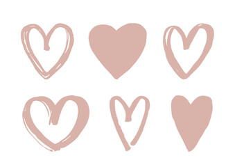 Brush heart icons. Hand drawn love symbol isolated on white background. Romantic elements for Valentines Day, wedding design and holidays. Boho grunge heart shape. Vector illustration