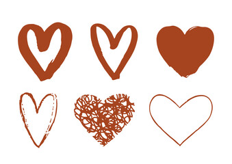Brush heart icons. Hand drawn love symbol isolated on white background. Romantic elements for Valentines Day, wedding design and holidays. Boho grunge heart shape. Vector illustration
