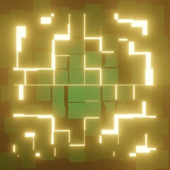 3d render of green fragmented cubes breaking apart to reveal the glow of soft warm light shining thorough the cracks